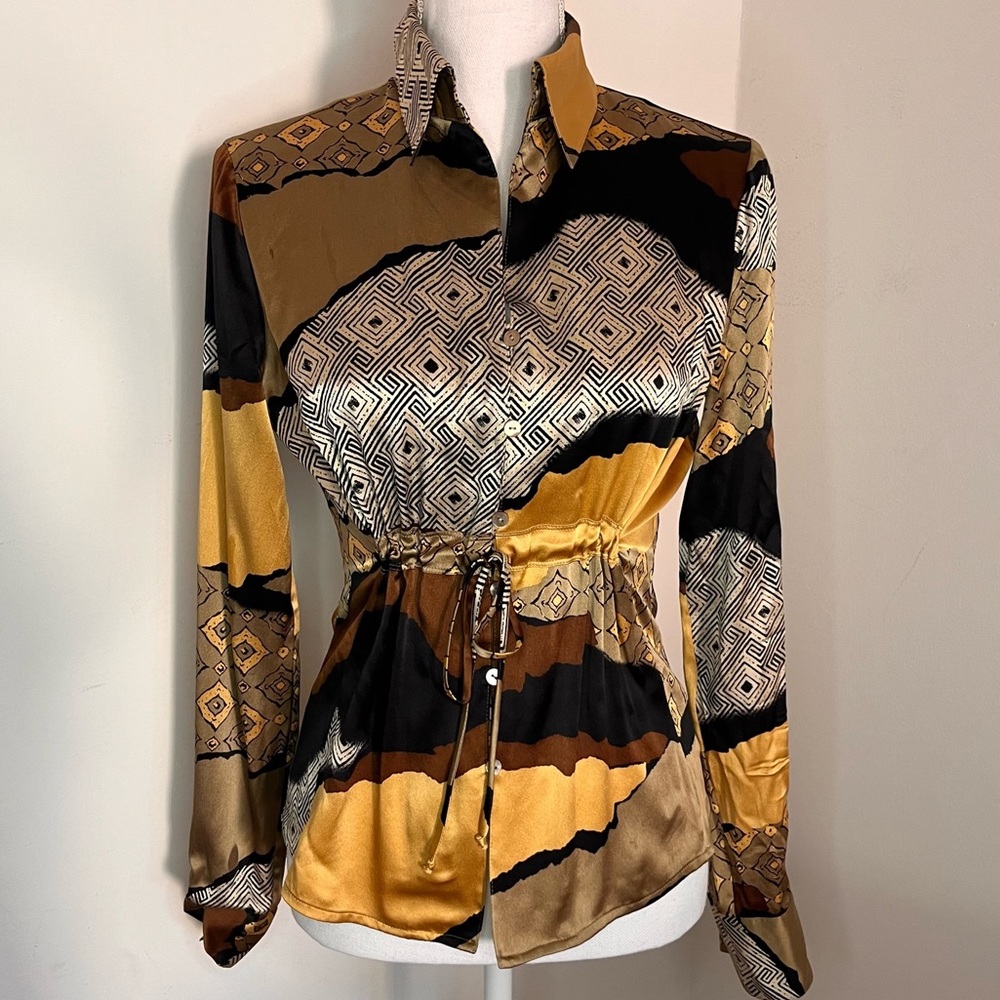 Silk long sleeve button down brown shirt vintage designer